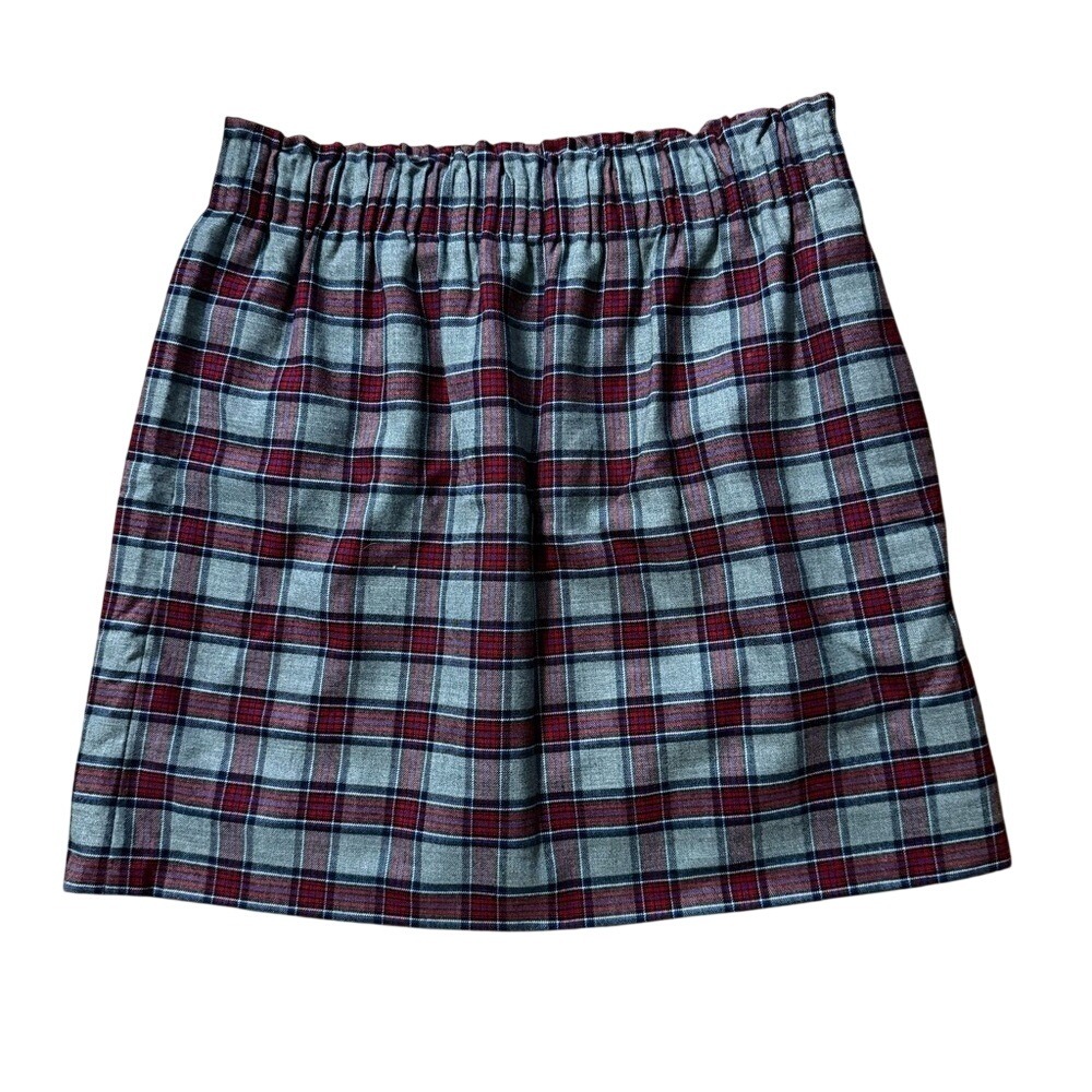 J.Crew Factory Plaid Wool Blend Mini Skirt Grey Red Elastic Waist Pockets Size 4